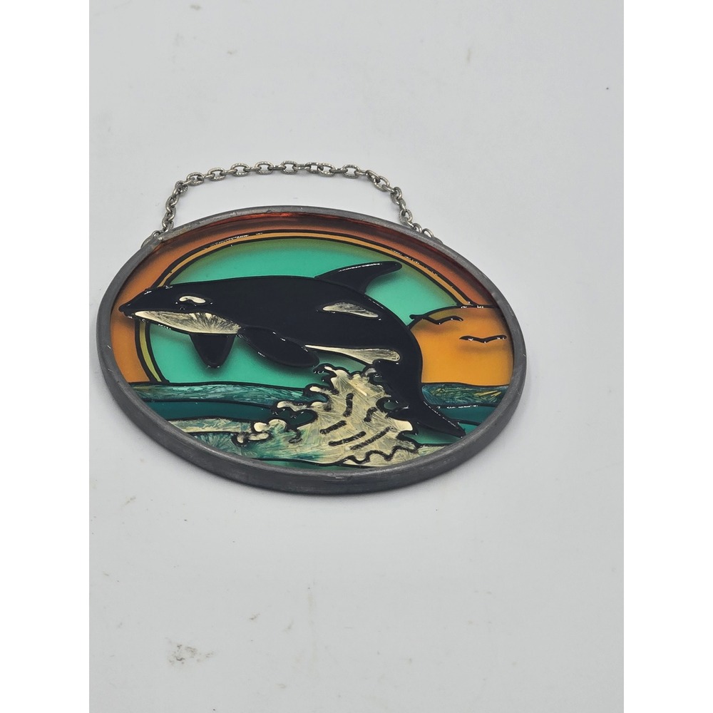 Vintage 1994 JBD Orca Killer Whale Stained Glass Suncatcher Sunset Ocean Waves
